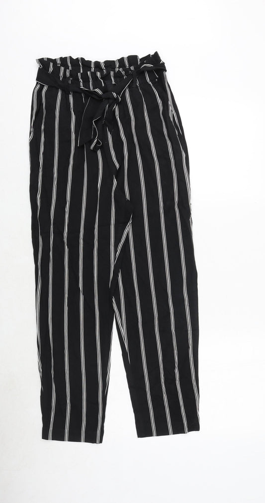 H&M Womens Black Striped Viscose Trousers Size 8 Regular Tie