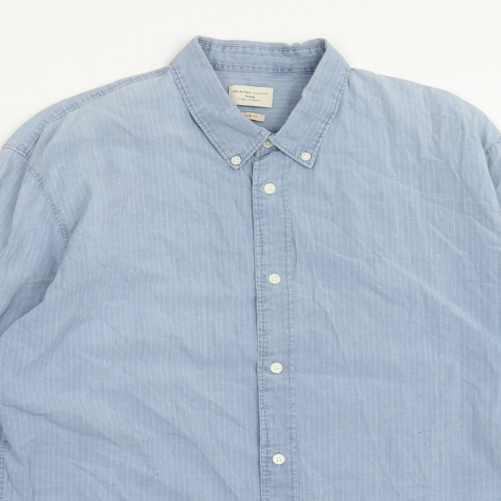 Selected Homme Mens Blue Cotton Button-Up Size 17.5 Collared Button