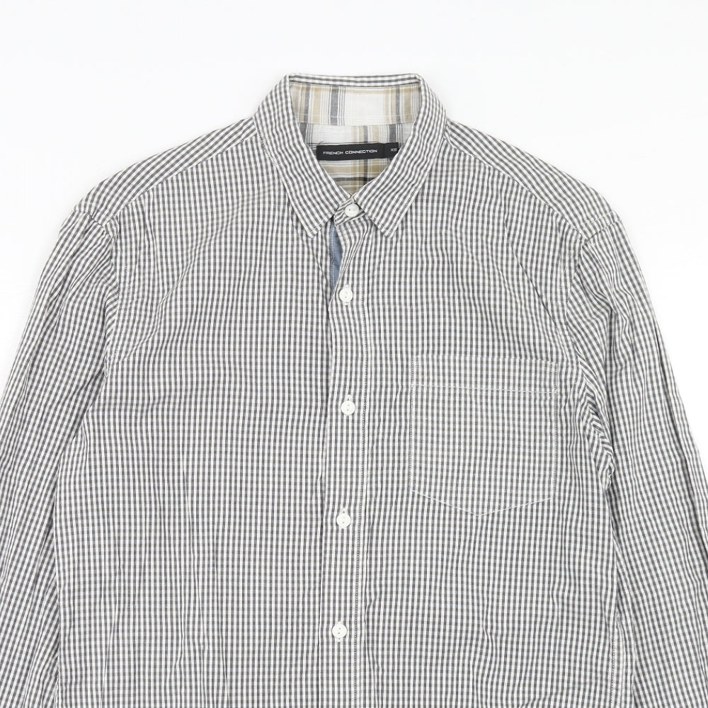 French Connection Mens Beige Check Cotton Button-Up Size XS Collared Button