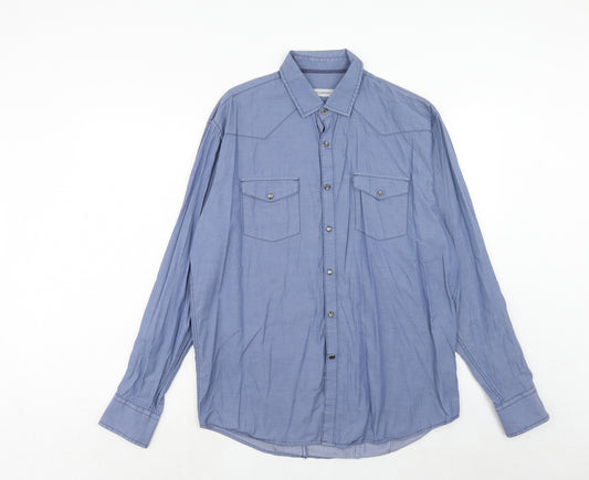 James Campbell Mens Blue Cotton Button-Up Size L Collared Button