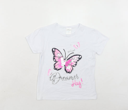 Portugal Girls White Cotton Basic T-Shirt Size 9-10 Years Round Neck Pullover - 9-11 years, Butterfly Print