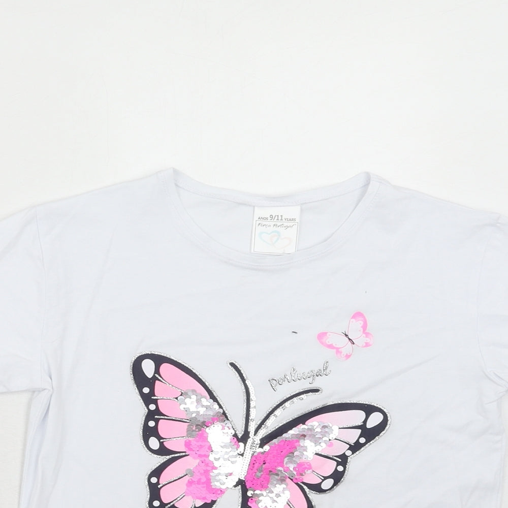 Portugal Girls White Cotton Basic T-Shirt Size 9-10 Years Round Neck Pullover - 9-11 years, Butterfly Print