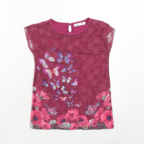 M&Co Girls Pink Geometric Cotton Basic Blouse Size 9-10 Years Round Neck Button - Butterfly Print