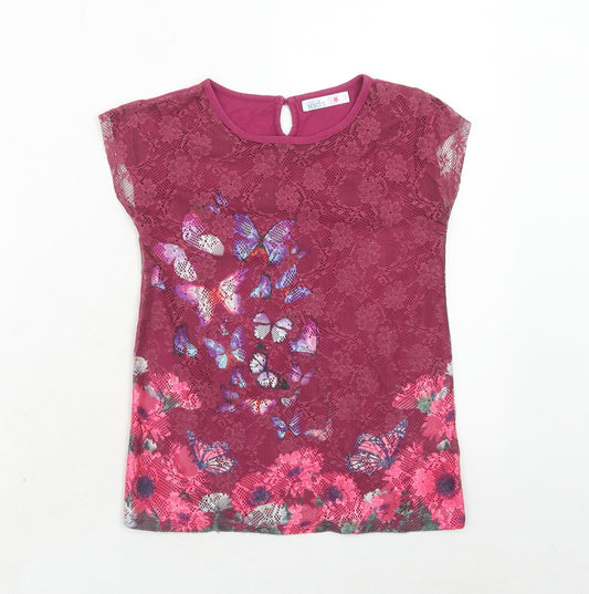 M&Co Girls Pink Geometric Cotton Basic Blouse Size 9-10 Years Round Neck Button - Butterfly Print