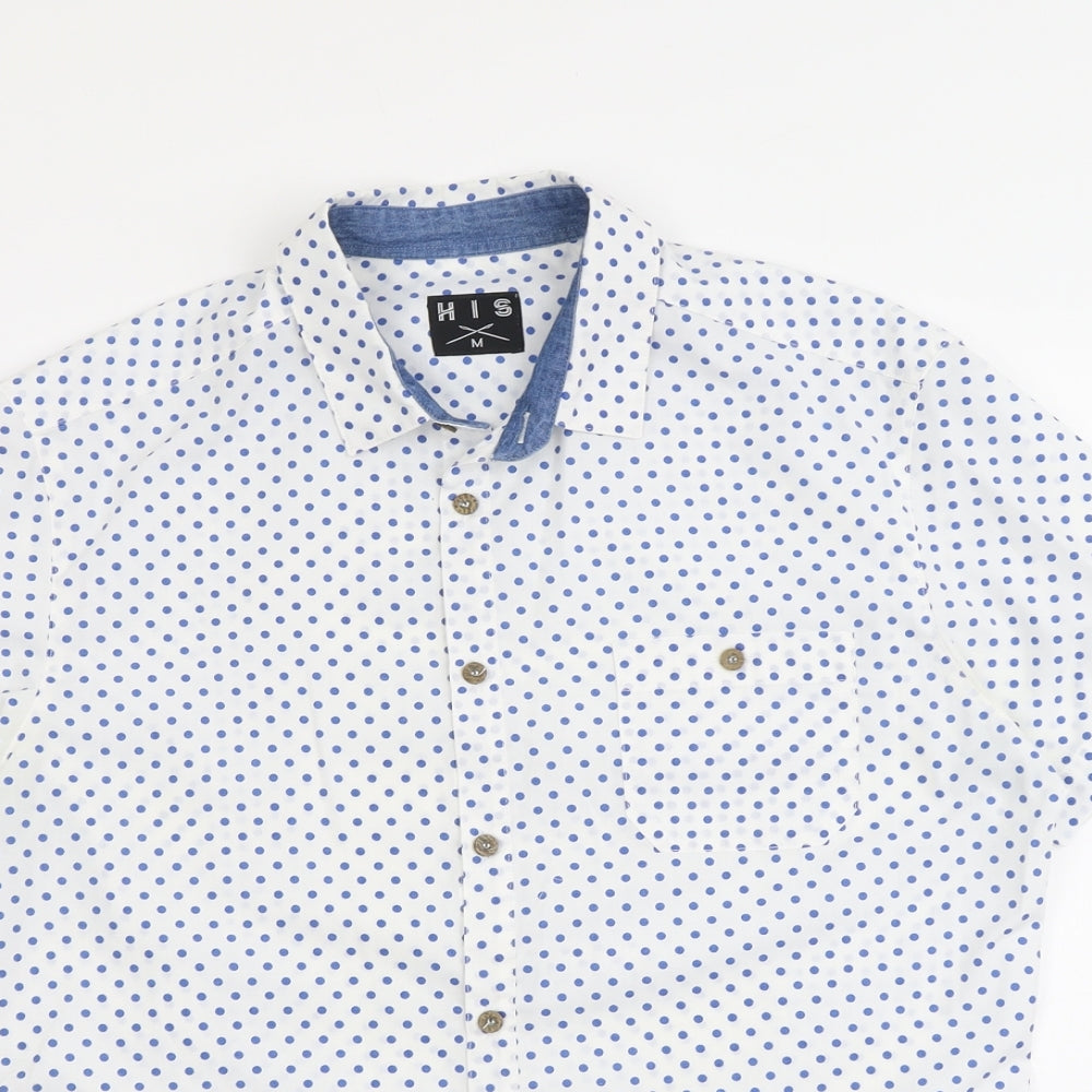 HIS Mens Blue Polka Dot Polyester Button-Up Size M Collared Button
