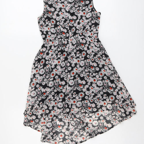 Blue Zoo Girls Black Floral Polyester Fit & Flare Size 8 Years Boat Neck Button - Front Pleat Detail