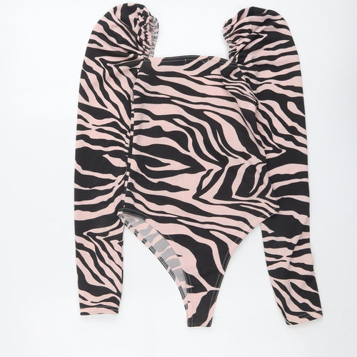 PRETTYLITTLETHING Womens Pink Animal Print Polyester Bodysuit One-Piece Size 4 Snap