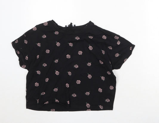 New Look Girls Black Floral 100% Cotton Basic T-Shirt Size 14-15 Years Round Neck Pullover