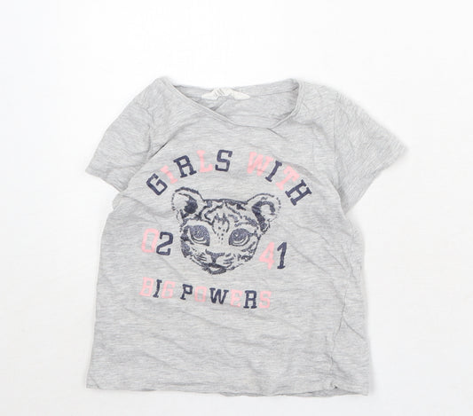 H&M Girls Grey Cotton Basic T-Shirt Size 4-5 Years Round Neck Pullover - Baby Tiger, Size 4-6