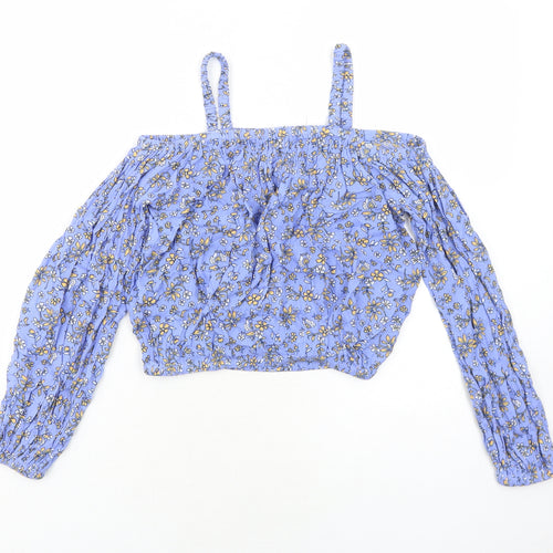 Marks and Spencer Girls Blue Floral Viscose Cropped Blouse Size 10-11 Years Square Neck Pullover - Cold Shoulder