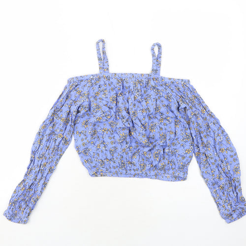 Marks and Spencer Girls Blue Floral Viscose Cropped Blouse Size 10-11 Years Square Neck Pullover - Cold Shoulder