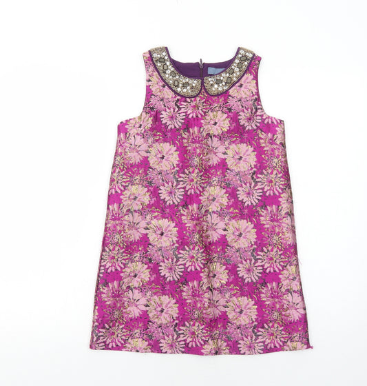 Kaisley Girls Purple Floral Polyester Shift Size 7-8 Years Boat Neck Zip - Embellished Neckline