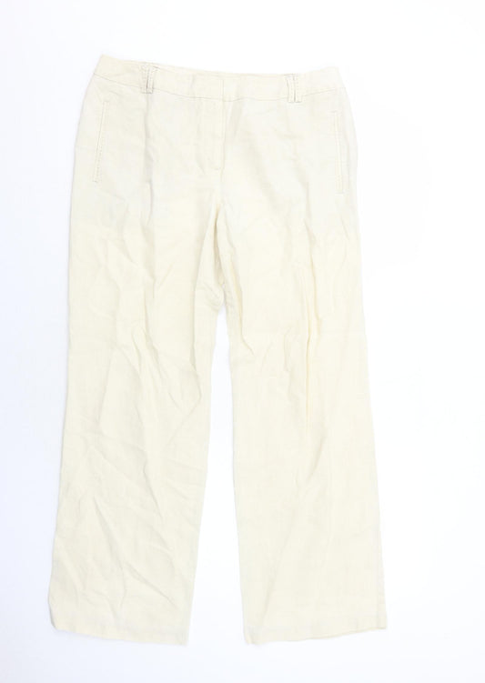 Marks and Spencer Womens Ivory Herringbone Linen Trousers Size 14 Regular Zip