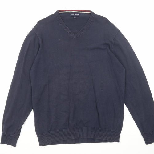 Peter Gribby Mens Blue V-Neck Cotton Pullover Jumper Size L Long Sleeve