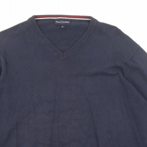 Peter Gribby Mens Blue V-Neck Cotton Pullover Jumper Size L Long Sleeve