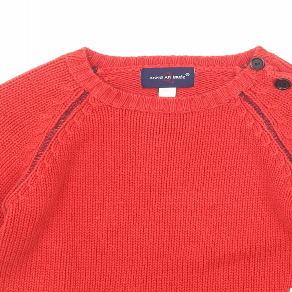 Anne Ar Breiz Boys Red Round Neck Cotton Pullover Jumper Size 4 Years Button