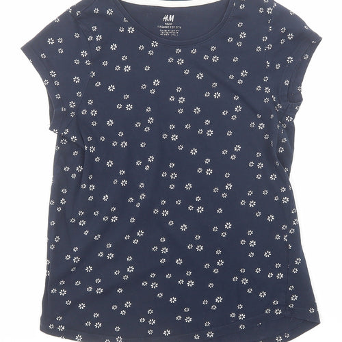 H&M Girls Blue Geometric Cotton Basic T-Shirt Size 9-10 Years Round Neck Pullover - Flower Details