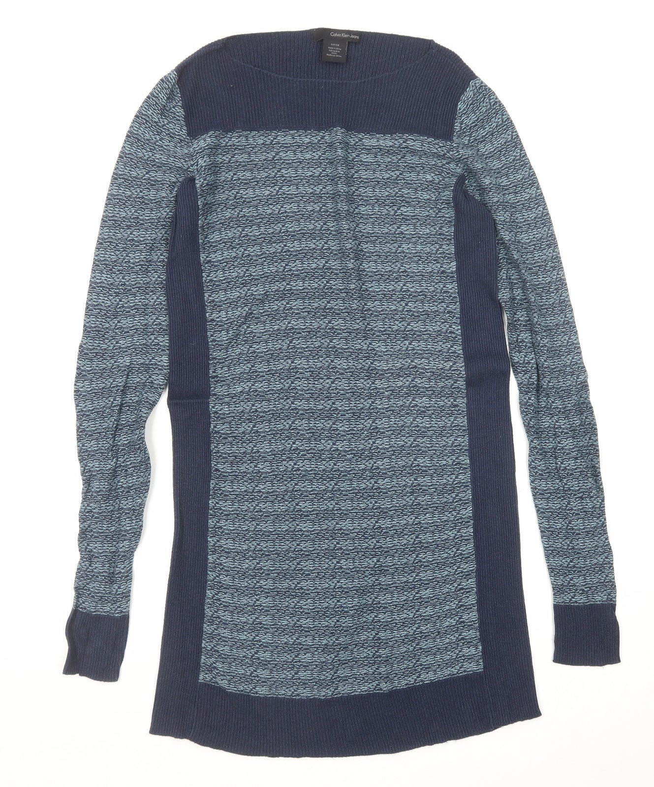 Calvin Klein Womens Blue Geometric Acrylic Kaftan Size S Round Neck Pullover