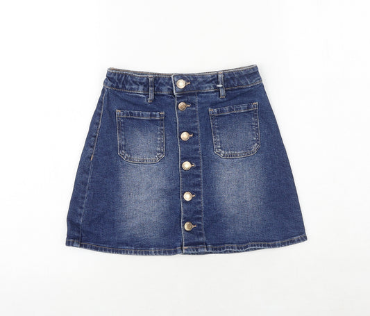 H&M Girls Blue 100% Cotton A-Line Skirt Size 9-10 Years Regular Button
