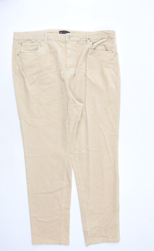 Marks and Spencer Womens Beige Herringbone Cotton Trousers Size 22 Regular Zip