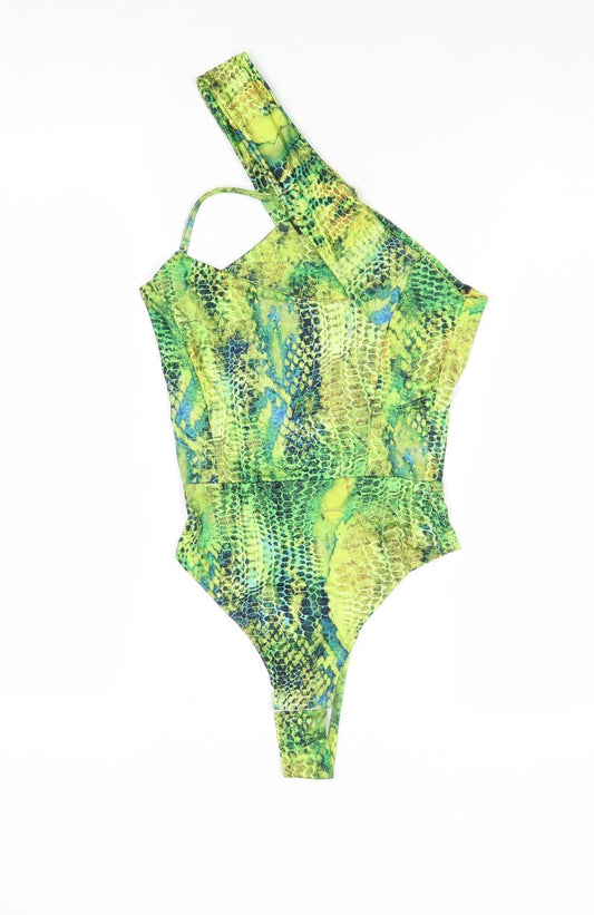 PRETTYLITTLETHING Womens Green Animal Print Polyester Bodysuit One-Piece Size 6 Snap - Snake Print