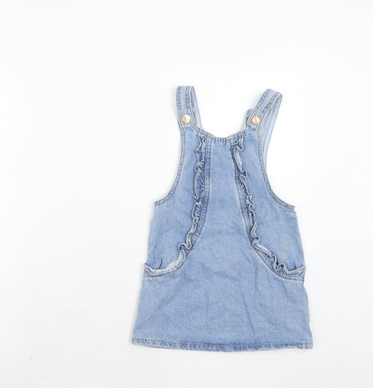 NEXT Girls Blue Cotton Pinafore/Dungaree Dress Size 4 Years Square Neck Button