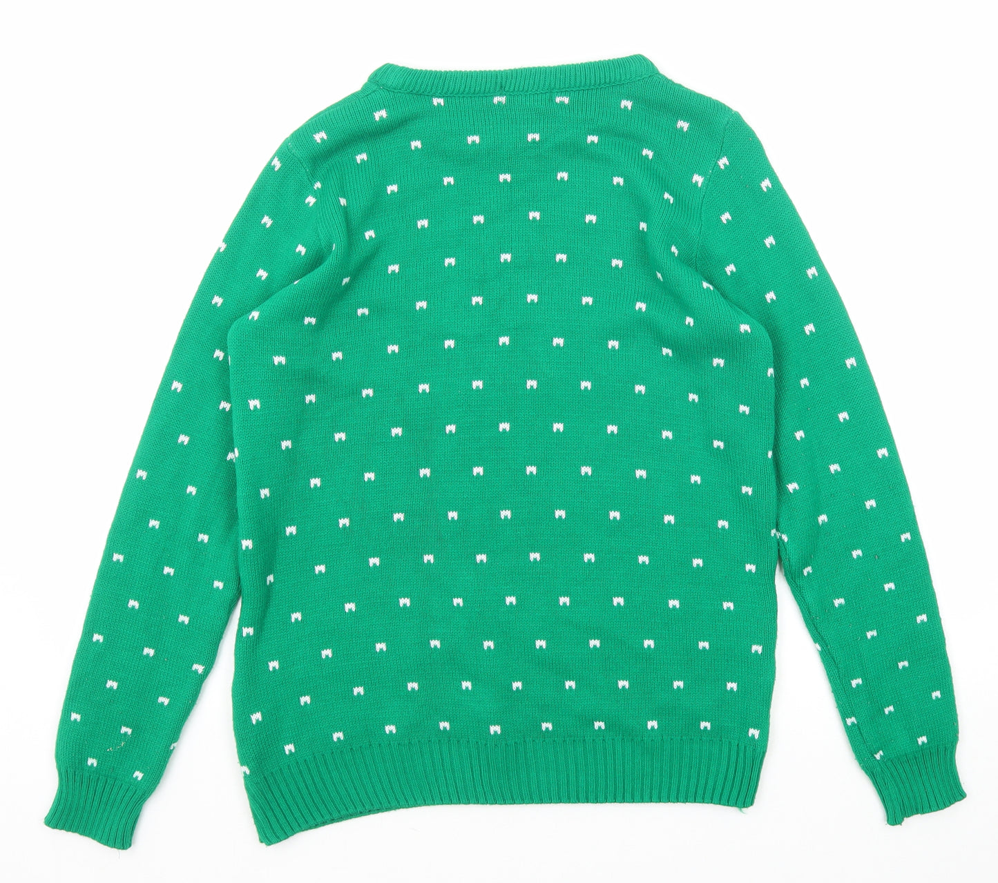 Boohoo Mens Green Round Neck Geometric Acrylic Pullover Jumper Size S Long Sleeve - Christmas Penguin