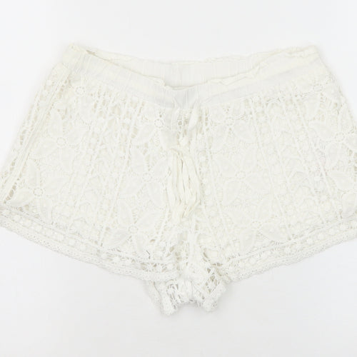 Topshop Womens White Cotton Hot Pants Shorts Size 4 Regular Drawstring - Crocheted Lace Overlay