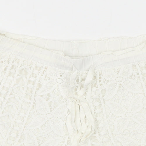 Topshop Womens White Cotton Hot Pants Shorts Size 4 Regular Drawstring - Crocheted Lace Overlay