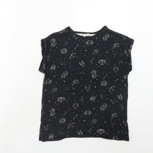 Marks and Spencer Girls Black Geometric Cotton Basic T-Shirt Size 12-13 Years Round Neck Pullover - Sign Symbols