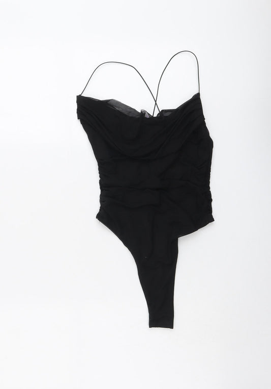 Oh Polly Womens Black Nylon Bodysuit One-Piece Size 10 Snap - Ruched