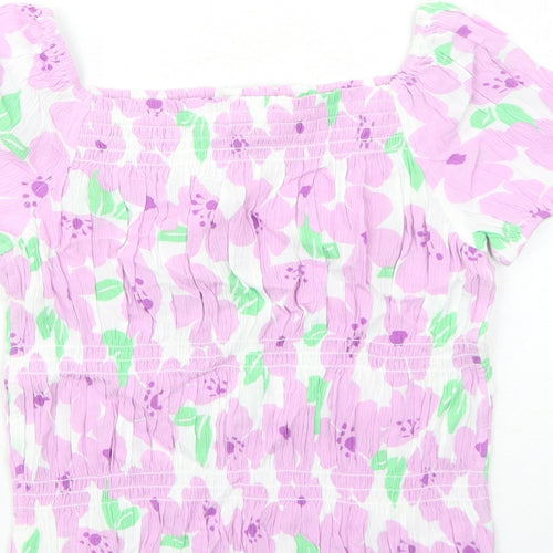 Marks and Spencer Girls Purple Floral Viscose Basic Blouse Size 13-14 Years Off the Shoulder Pullover