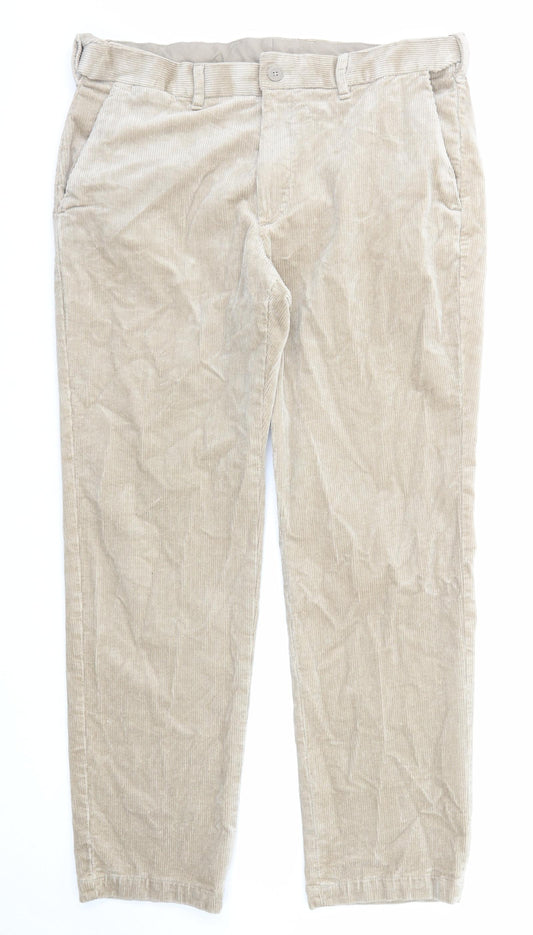 Marks and Spencer Mens Beige Cotton Trousers Size 36 in L31 in Regular Zip