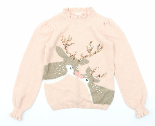 NEXT Girls Pink Mock Neck Acrylic Pullover Jumper Size 11 Years Pullover - Reindeer
