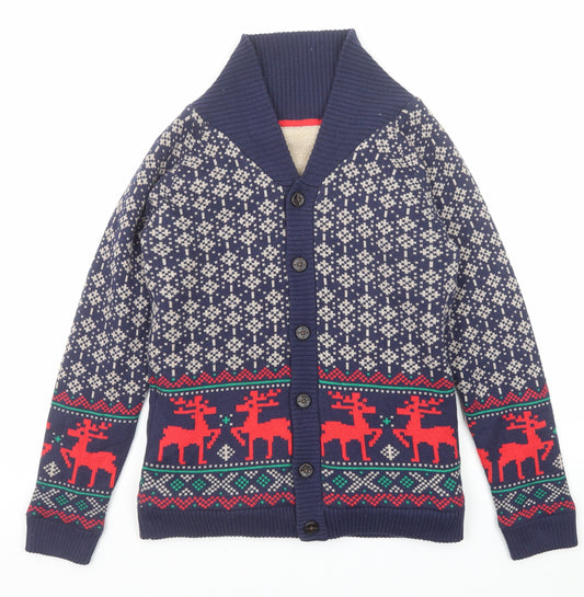Marks and Spencer Boys Blue V-Neck Geometric Cotton Cardigan Jumper Size 13-14 Years Button - Christmas Cardigan
