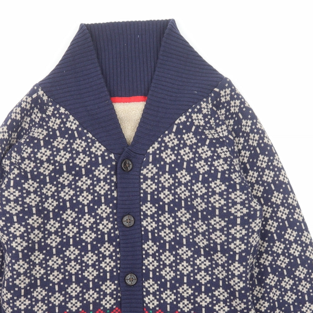 Marks and Spencer Boys Blue V-Neck Geometric Cotton Cardigan Jumper Size 13-14 Years Button - Christmas Cardigan