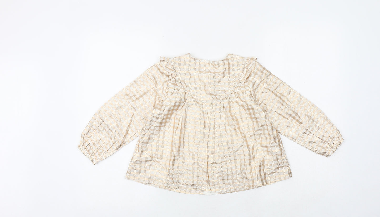 Marks and Spencer Girls Gold Check Cotton Basic Button-Up Size 5-6 Years Round Neck Button