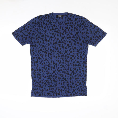 Zara Mens Blue Crew Neck Animal Print Viscose Pullover Jumper Size L Short Sleeve - Leopard Print