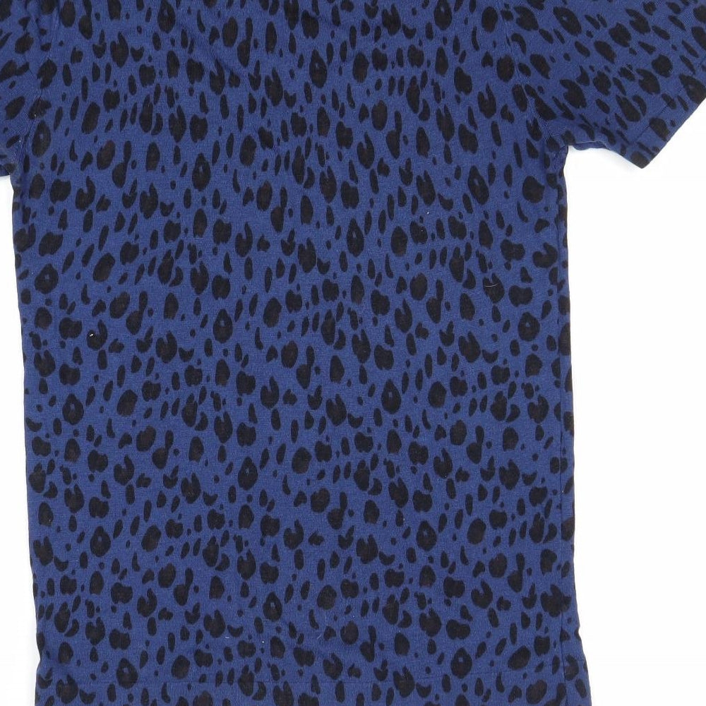 Zara Mens Blue Crew Neck Animal Print Viscose Pullover Jumper Size L Short Sleeve - Leopard Print