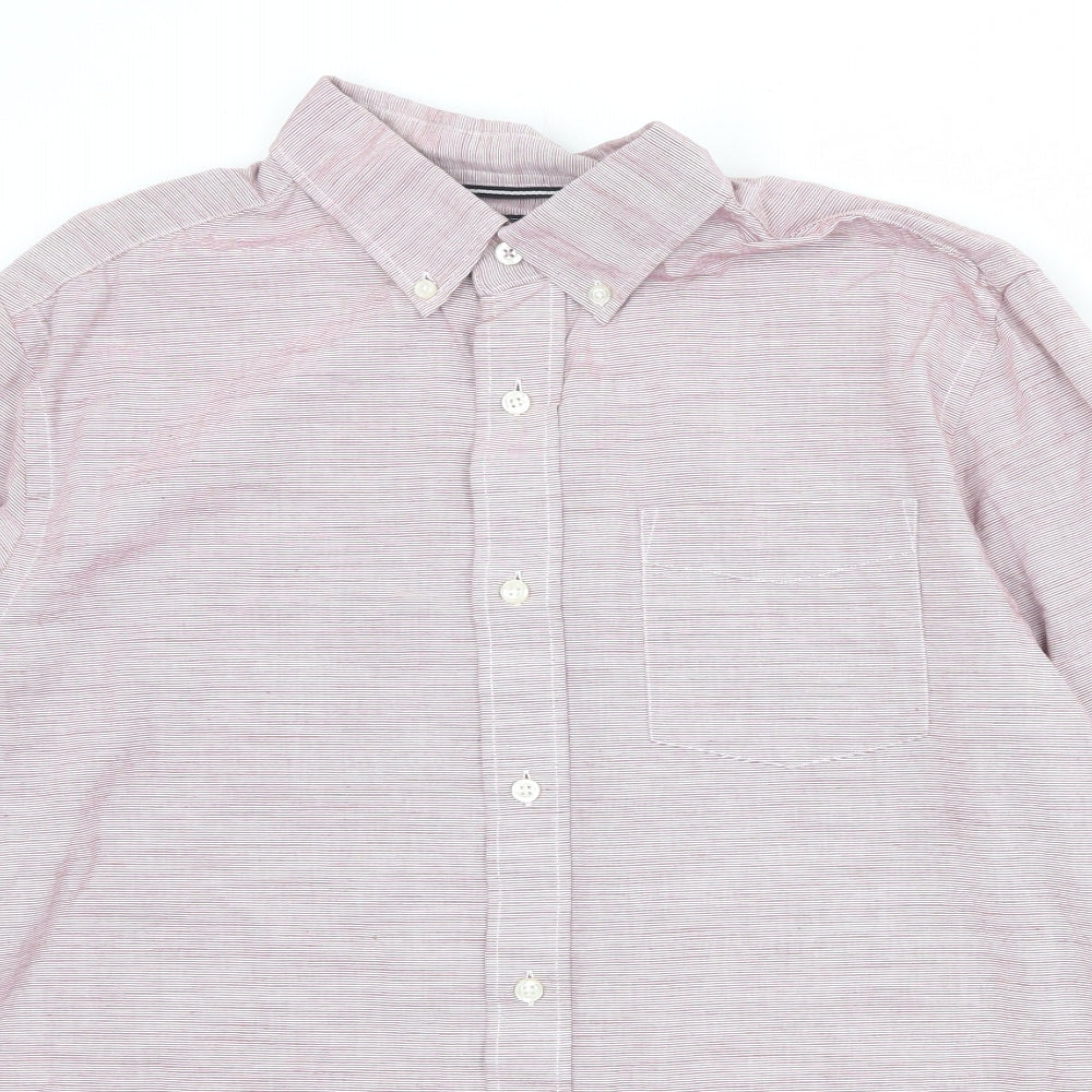 Maine Mens Pink Striped Cotton Button-Up Size L Collared Button