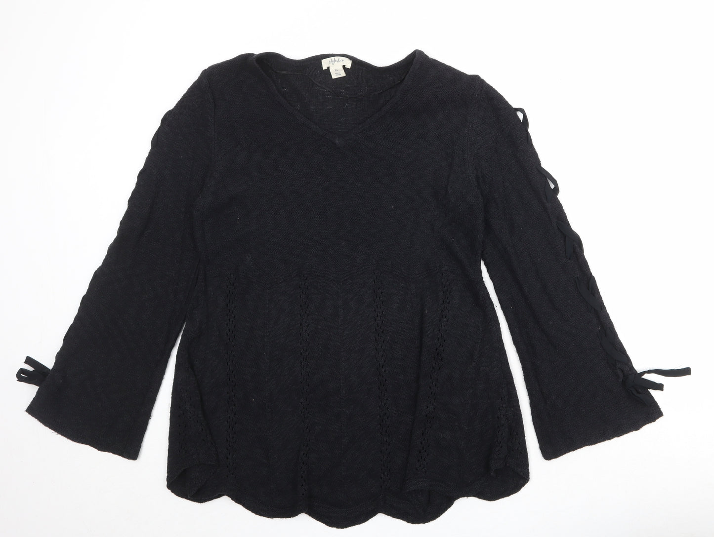 Style&Co Womens Black V-Neck Cotton Pullover Jumper Size XL - Lace Up Sleeve Detail