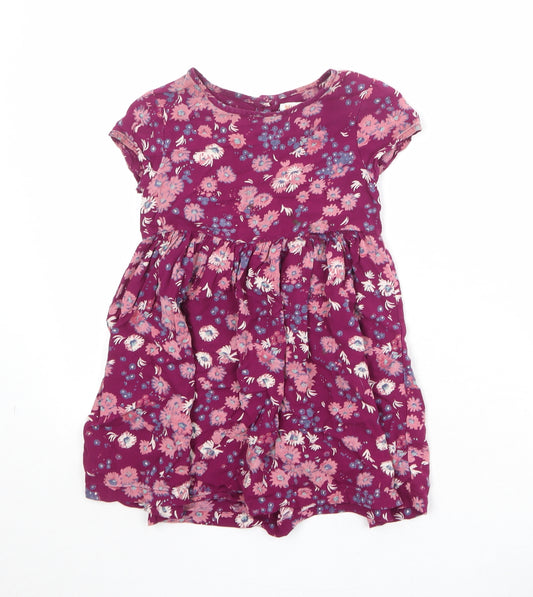 Debenhams Girls Purple Floral Viscose T-Shirt Dress Size 3-4 Years Boat Neck Button
