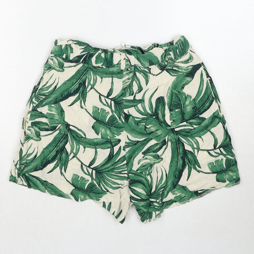 H&M Womens Green Geometric Viscose Basic Shorts Size 8 Regular Zip - Leaf Pattern