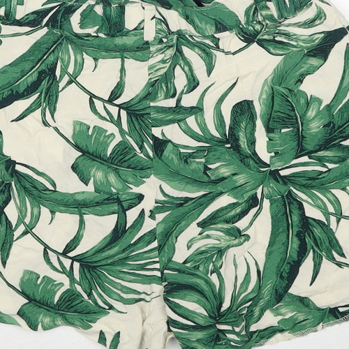 H&M Womens Green Geometric Viscose Basic Shorts Size 8 Regular Zip - Leaf Pattern