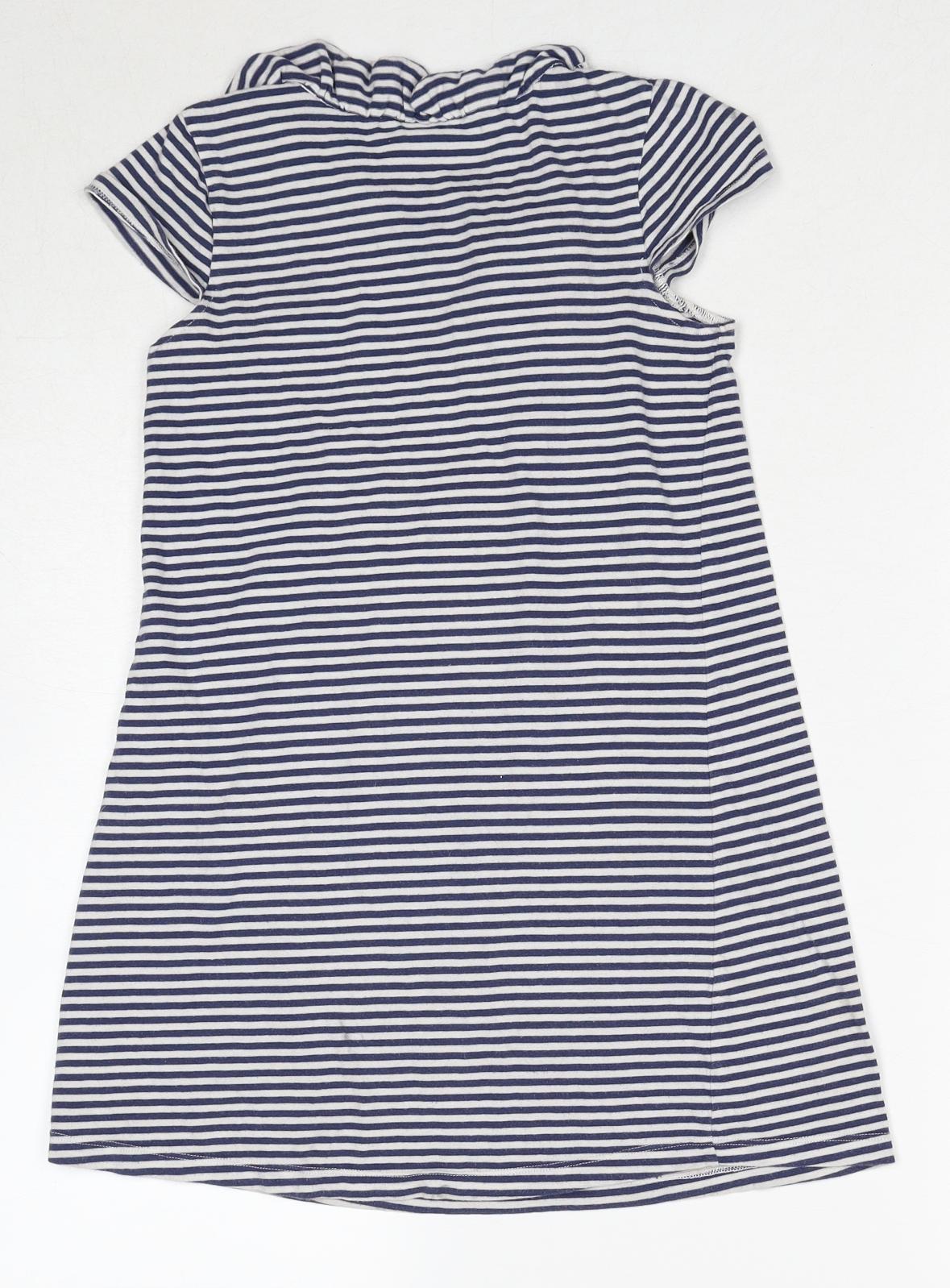 NEXT Girls Blue Striped Cotton A-Line Size 10 Years Round Neck Pullover - Floral Detail