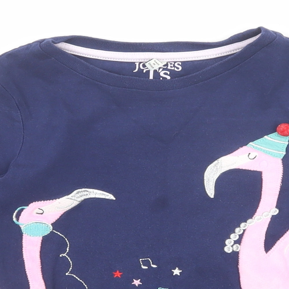 Joules Girls Blue Cotton Pullover T-Shirt Size 6 Years Boat Neck Pullover - Flamingos