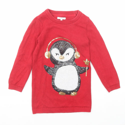 Blue Zoo Girls Red Round Neck Cotton Pullover Jumper Size 4-5 Years Pullover - Penguin