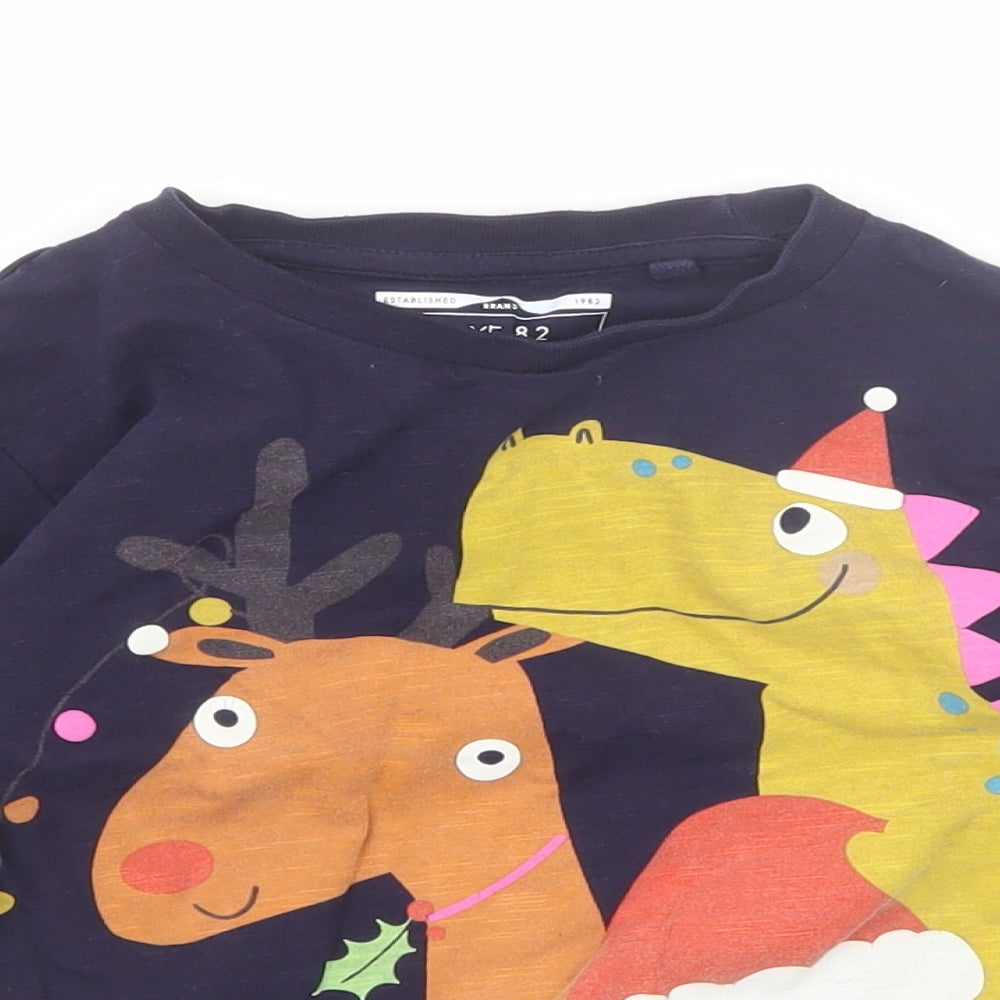 NEXT Girls Blue Cotton Pullover T-Shirt Size 3-4 Years Round Neck Pullover - Christmas Dinosaur