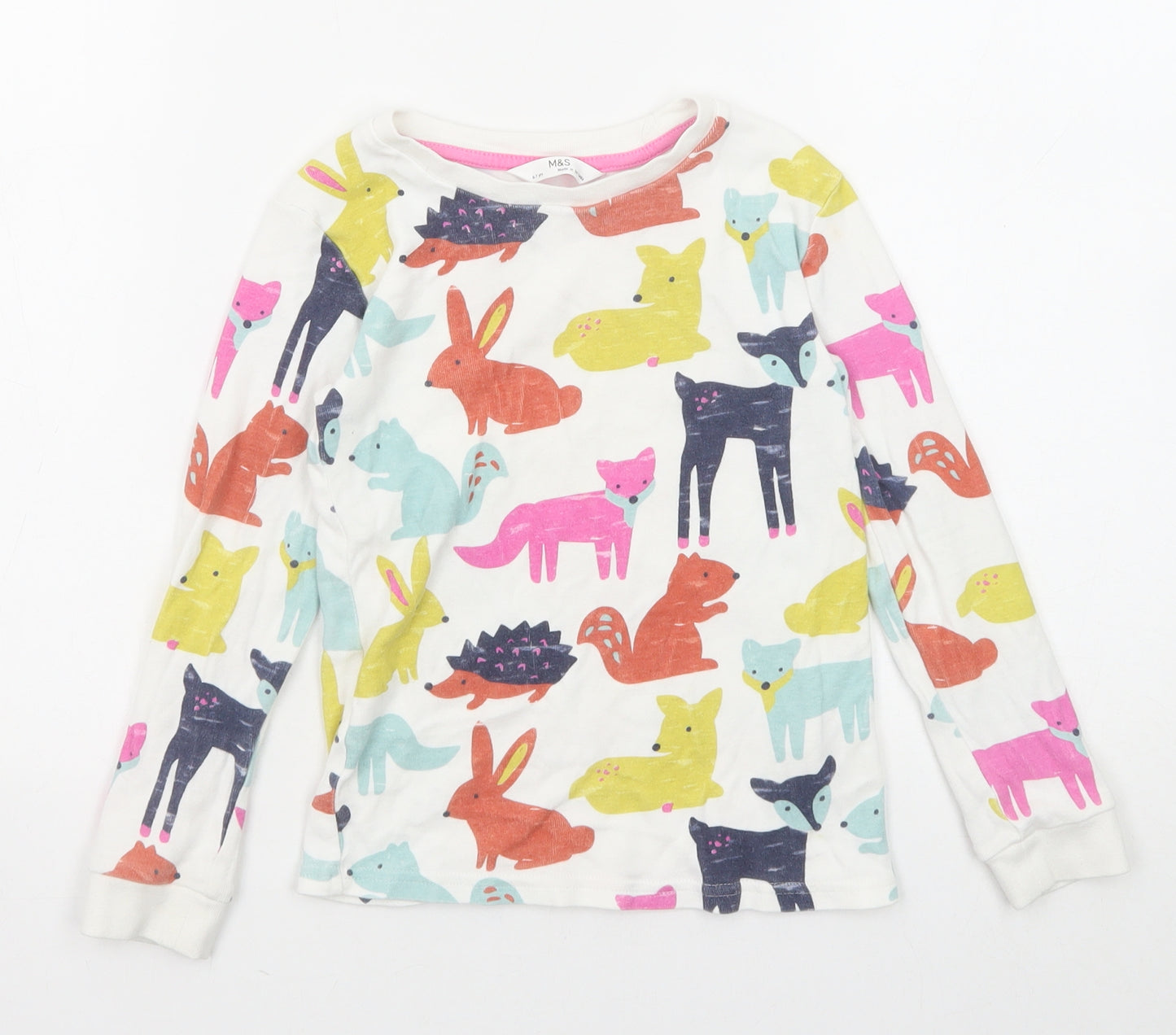 Marks and Spencer Girls White Geometric Cotton Pullover T-Shirt Size 6-7 Years Boat Neck Pullover - Cute Animals