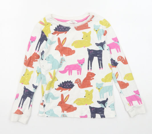 Marks and Spencer Girls White Geometric Cotton Pullover T-Shirt Size 6-7 Years Boat Neck Pullover - Cute Animals